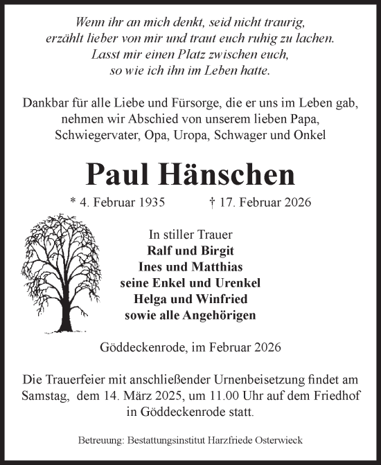 Traueranzeige von Paul Hänschen von Volksstimme Halberstadt