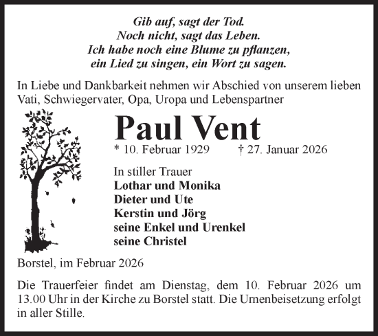 Traueranzeige von Paul Vent von Volksstimme Altmark Ost