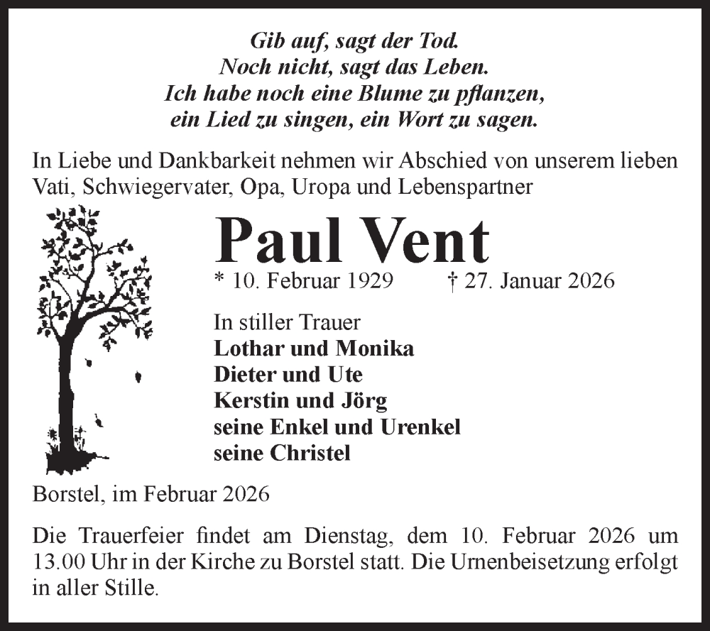  Traueranzeige für Paul Vent vom 03.02.2026 aus Volksstimme Altmark Ost