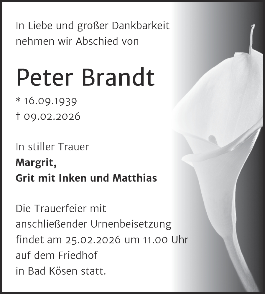  Traueranzeige für Peter Brandt vom 14.02.2026 aus Naumburger Tageblatt