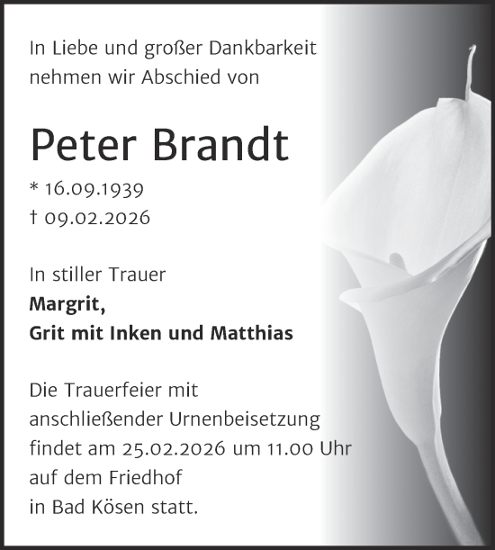 Traueranzeige von Peter Brandt von Naumburger Tageblatt