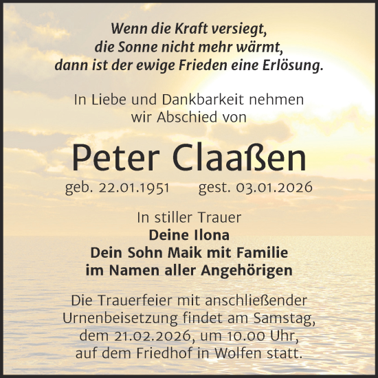 Traueranzeige von Peter Claaßen von Trauerkombi Bitterfeld