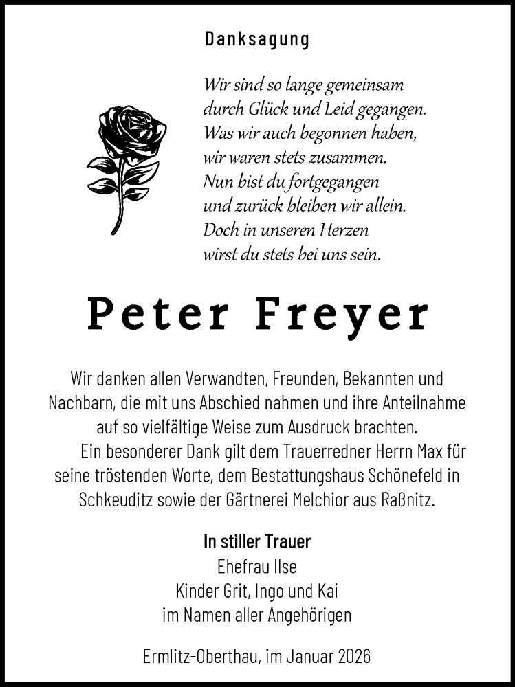  Traueranzeige für Peter Freyer vom 07.02.2026 aus Trauerkombi Merseburg