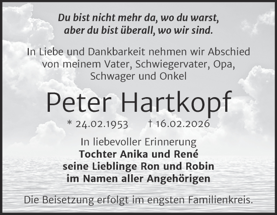 Traueranzeige von Peter Hartkopf von Trauerkombi Bernburg
