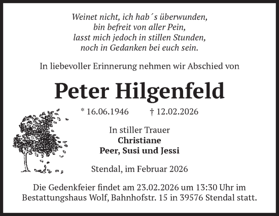 Traueranzeige von Peter Hilgenfeld von Volksstimme Altmark Ost