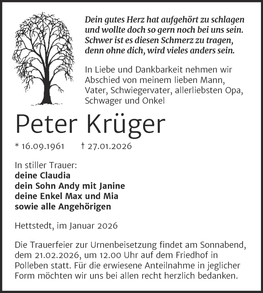 Traueranzeige für Peter Krüger vom 07.02.2026 aus Trauerkombi Mansfelder Land