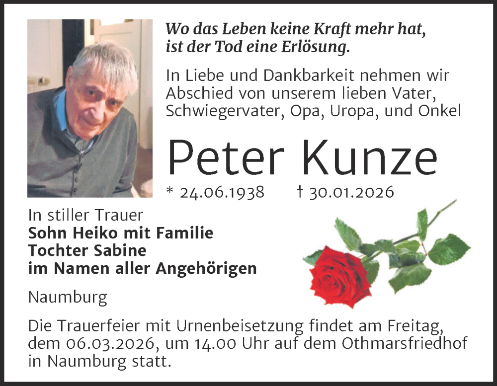  Traueranzeige für Peter Kunze vom 14.02.2026 aus Naumburger Tageblatt