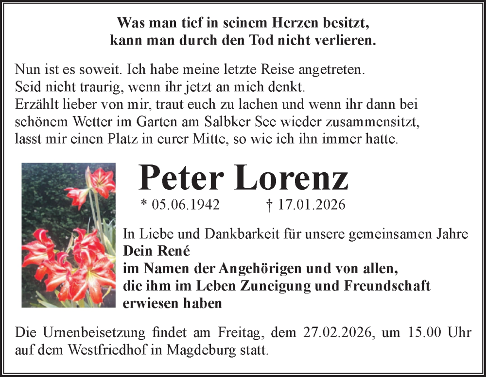  Traueranzeige für Peter Lorenz vom 07.02.2026 aus Volksstimme Magdeburg