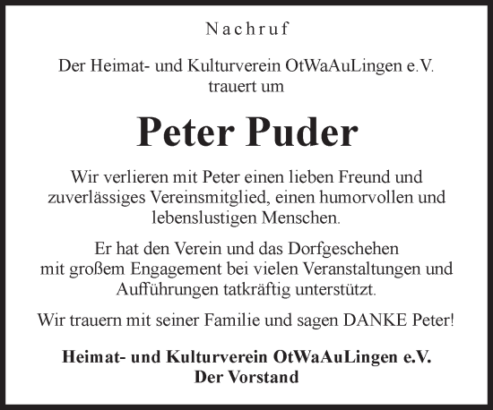 Traueranzeige von Peter Puder von Volksstimme Oschersleben/Wanzleben