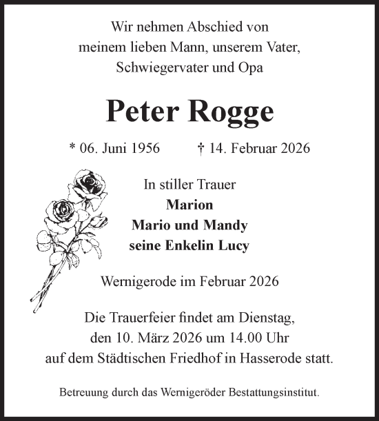 Traueranzeige von Peter Rogge von Volksstimme Wernigerode