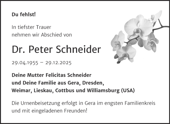 Traueranzeige von Peter Schneider von Super Sonntag Naumburg/Nebra