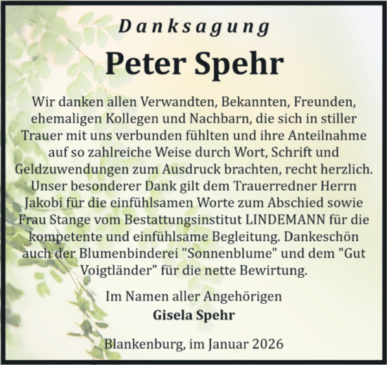 Traueranzeige von Peter Spehr von Volksstimme Wernigerode