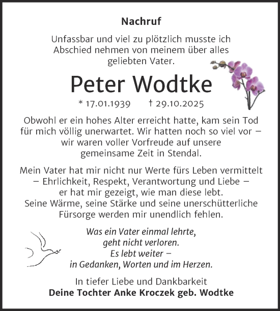 Traueranzeige von Peter Wodtke von Trauerkombi Wittenberg