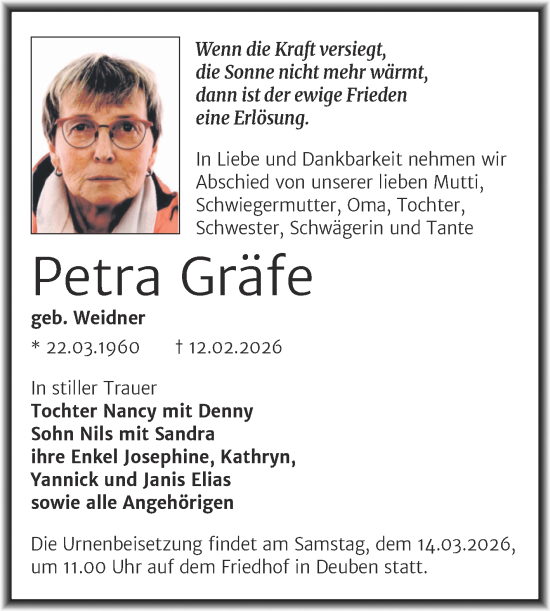 Traueranzeige von Petra Gräfe von Trauerkombi Weißenfels