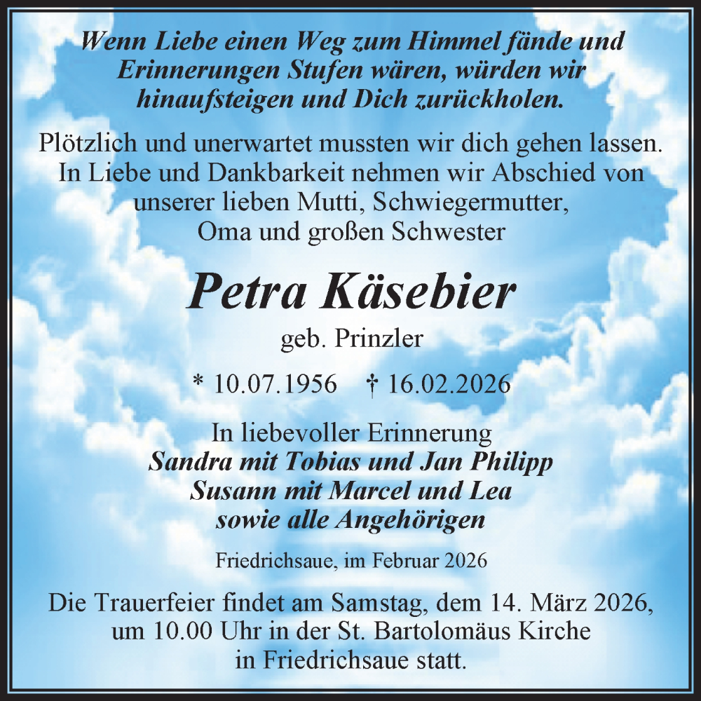  Traueranzeige für Petra Käsebier vom 21.02.2026 aus Trauerkombi Aschersleben