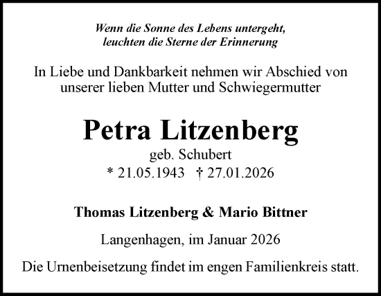 Traueranzeige von Petra Litzenberg von Volksstimme Haldensleben/Wolmirstedt