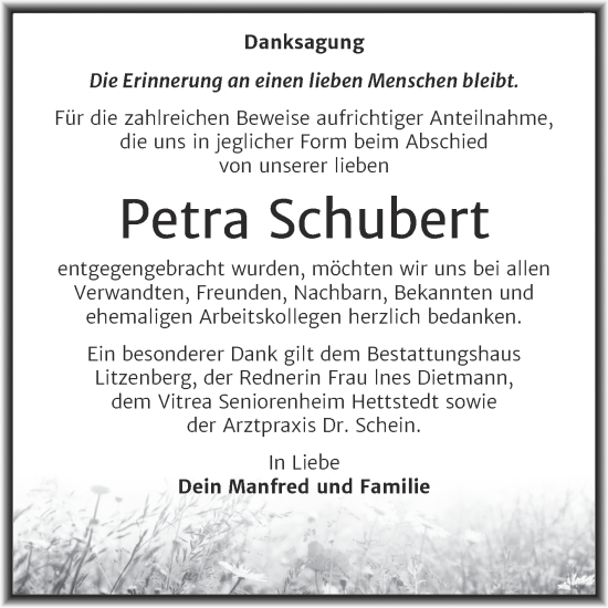 Traueranzeige von Petra Schubert von Trauerkombi Mansfelder Land