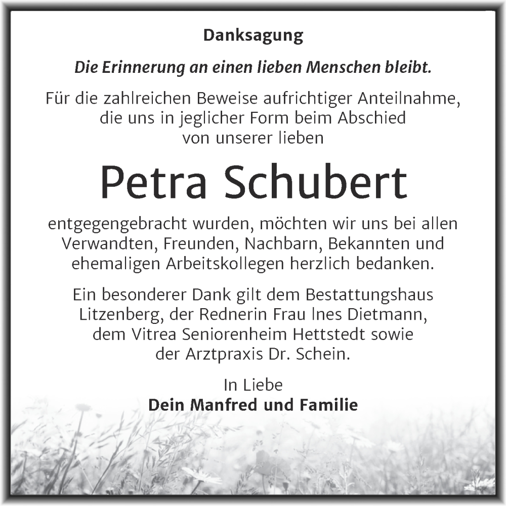  Traueranzeige für Petra Schubert vom 07.02.2026 aus Trauerkombi Mansfelder Land