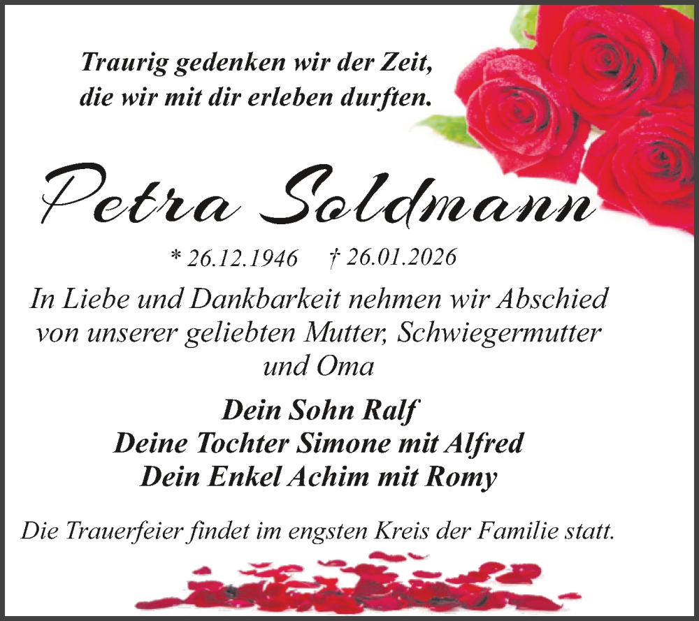  Traueranzeige für Petra Soldmann vom 14.02.2026 aus Trauerkombi Dessau