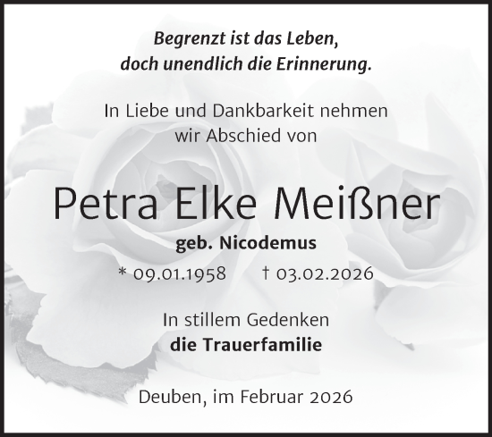 Traueranzeige von Petra Elke Meißner von Trauerkombi Weißenfels