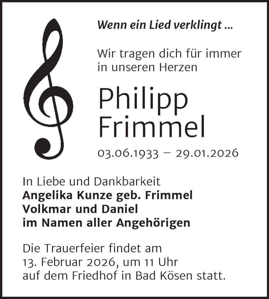  Traueranzeige für Philipp Frimmel vom 07.02.2026 aus Naumburger Tageblatt