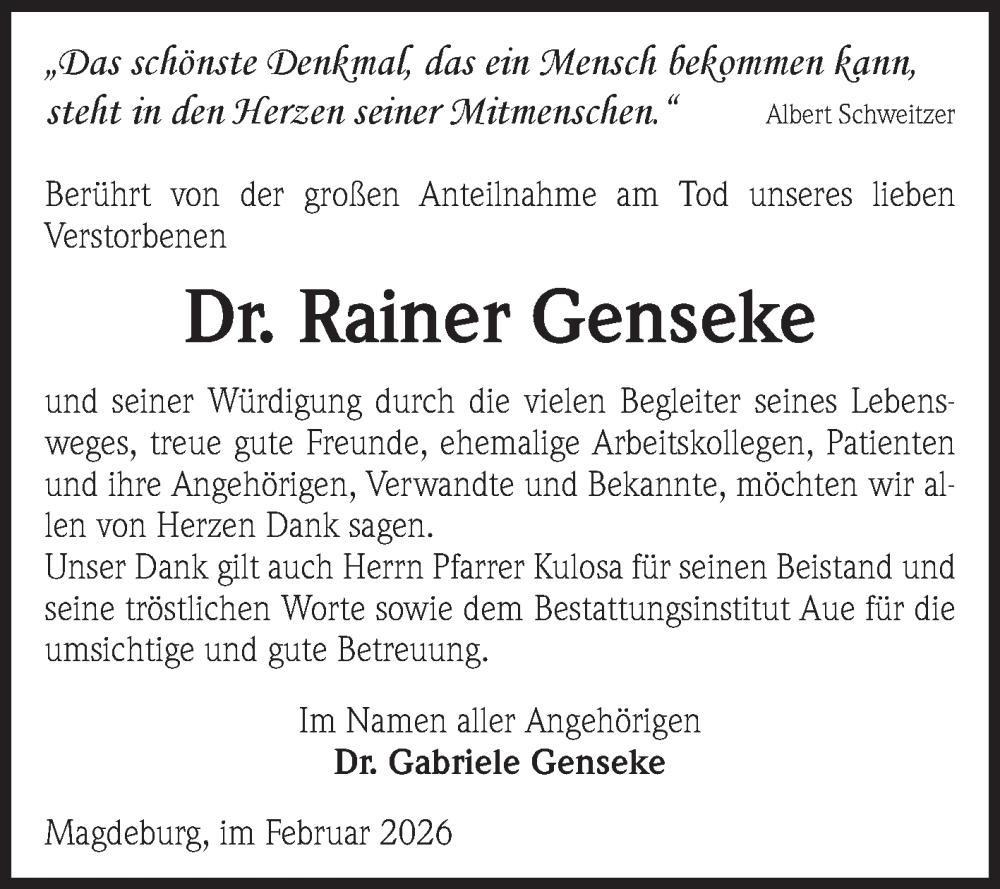  Traueranzeige für Rainer Genseke vom 14.02.2026 aus Volksstimme Altmark West