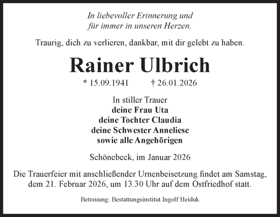 Traueranzeige von Rainer Ulbrich von Volksstimme Schönebeck