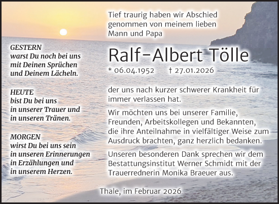 Traueranzeige von Ralf-Albert Tölle von Trauerkombi Quedlinburg