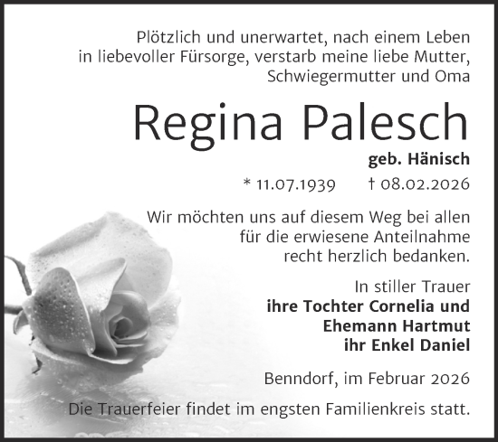 Traueranzeige von Regina Palesch von Trauerkombi Mansfelder Land