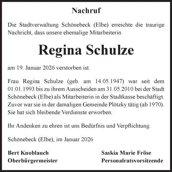 Traueranzeige von Regina Schulze von Volksstimme Schönebeck