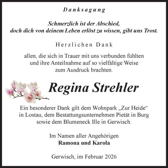 Traueranzeige von Regina Strehler von Volksstimme Burg/Genthin