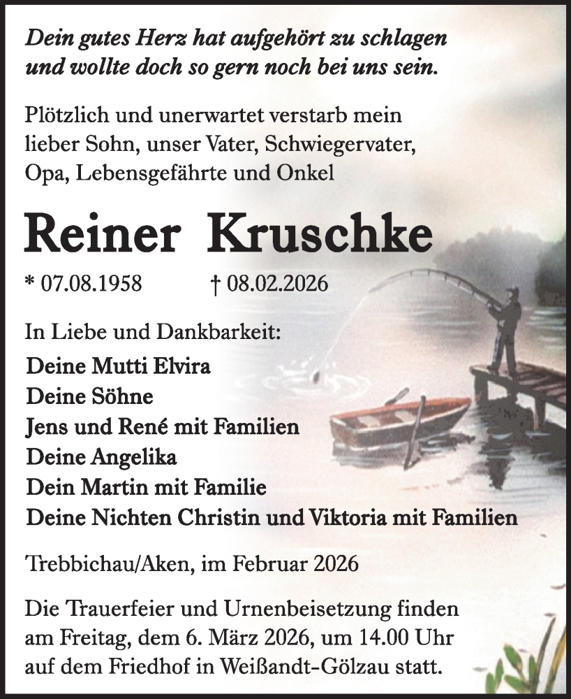  Traueranzeige für Reiner Kruschke vom 14.02.2026 aus Trauerkombi Köthen