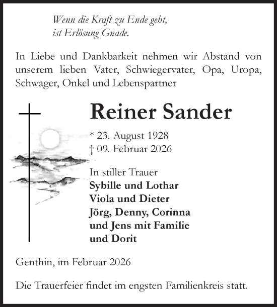 Traueranzeige von Reiner Sander von Volksstimme Burg/Genthin