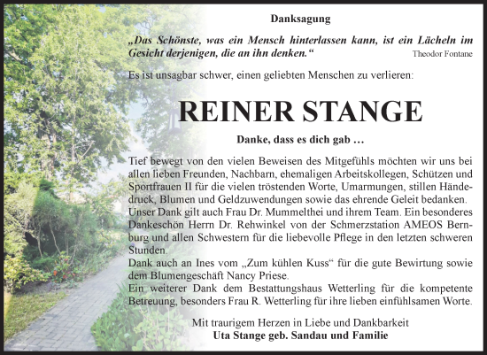 Traueranzeige von Reiner Stange von Volksstimme Staßfurt