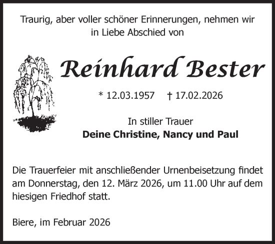 Traueranzeige von Reinhard Bester von Volksstimme Schönebeck