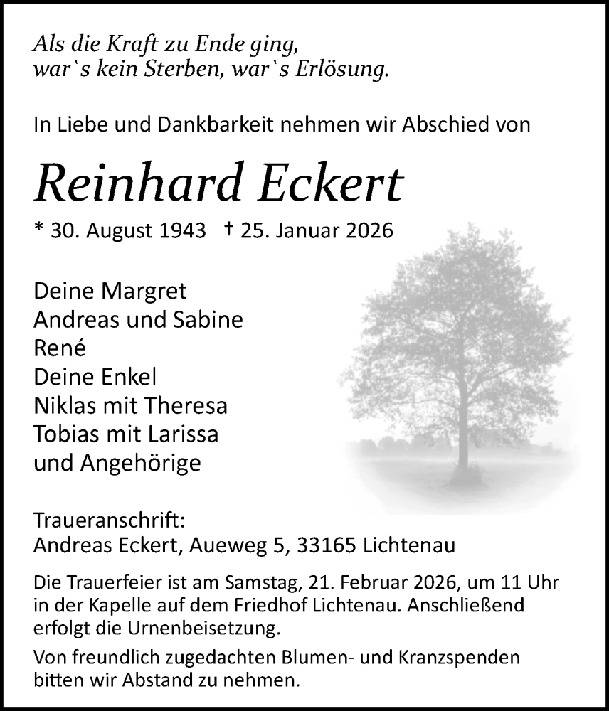  Traueranzeige für Reinhard Eckert vom 07.02.2026 aus SuperSonntag Bitterfeld