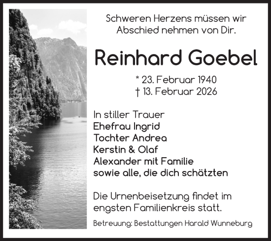 Traueranzeige von Reinhard Goebel von Volksstimme Schönebeck