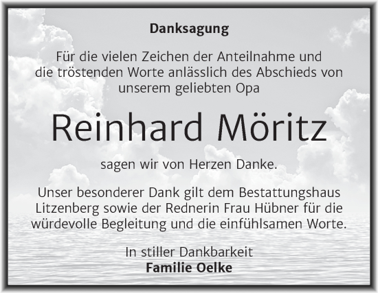 Traueranzeige von Reinhard Möritz von Trauerkombi Mansfelder Land