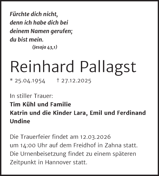 Traueranzeige von Reinhard Pallagst von Trauerkombi Wittenberg