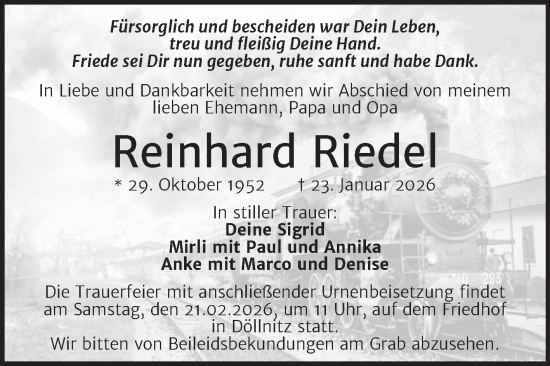 Traueranzeige von Reinhard Riedel 