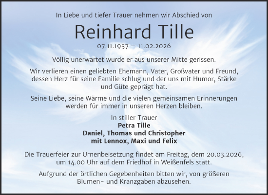 Traueranzeige von Reinhard Tille von Trauerkombi Weißenfels