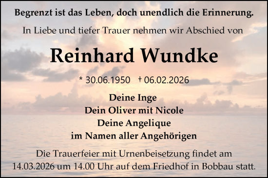 Traueranzeige von Reinhard Wundke von Trauerkombi Bitterfeld