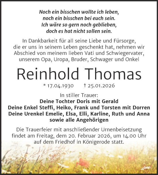 Traueranzeige von Reinhold Thomas von Trauerkombi Quedlinburg