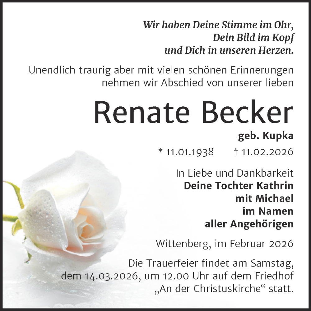  Traueranzeige für Renate Becker vom 21.02.2026 aus Trauerkombi Wittenberg