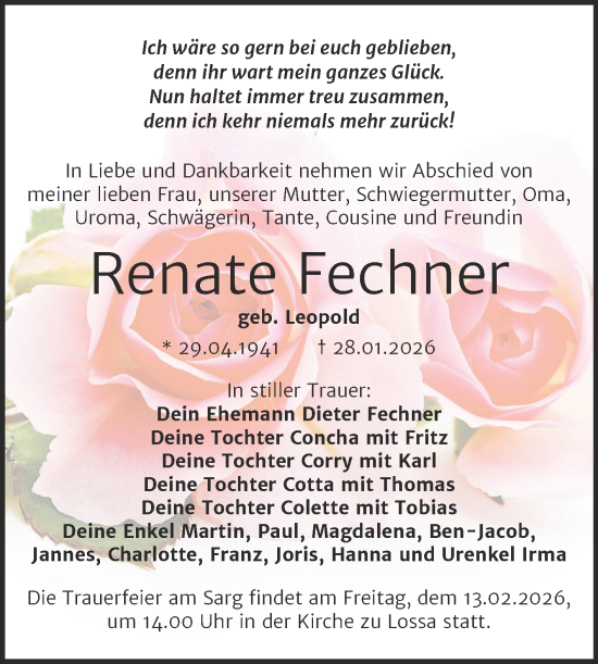 Traueranzeige von Renate Fechner von Naumburger Tageblatt