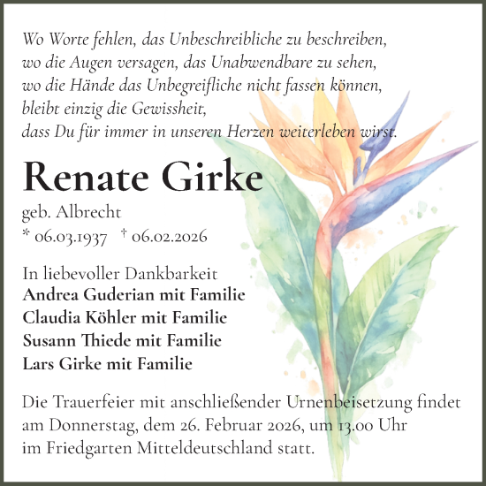 Traueranzeige von Renate Girke von Mitteldeutsche Zeitung Halle/Saalkreis