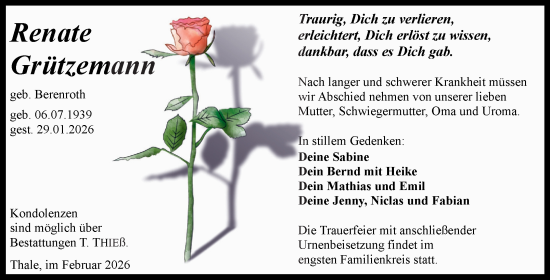 Traueranzeige von Renate Grützemann von Trauerkombi Quedlinburg