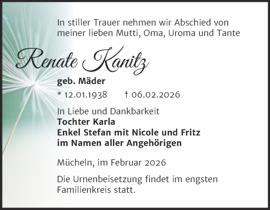 Traueranzeige von Renate Kanitz von Trauerkombi Merseburg