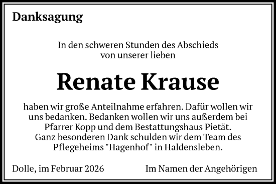 Traueranzeige von Renate Krause von Volksstimme Haldensleben/Wolmirstedt