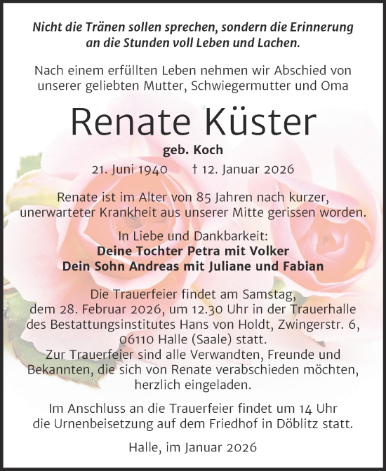 Traueranzeige von Renate Küster von Mitteldeutsche Zeitung Halle/Saalkreis